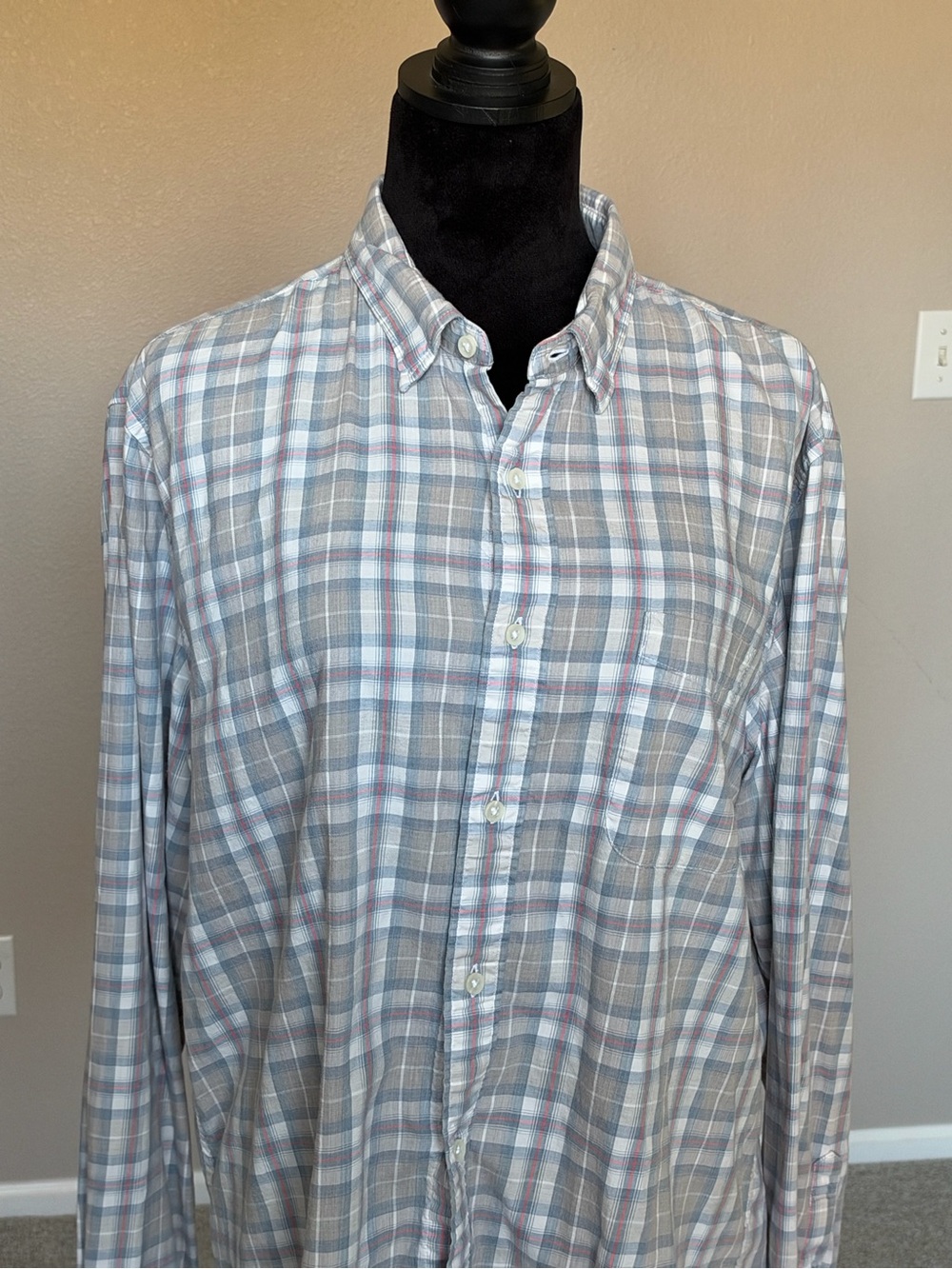 Faherty Movement Plaid Sport Shirt XL Gray Blur White